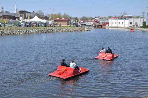 Two red paddle boats on a calm river, with people enjoying a sunny day and a festival in the background.