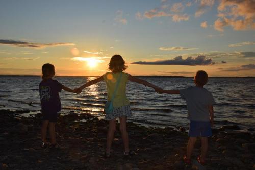 Three children hold hands while standing by the water, silhouetted against a sunset sky.