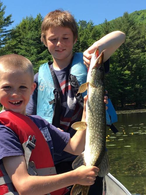 Two boys in life jackets proudly hold a large fish while on a boat, surrounded by trees and water.