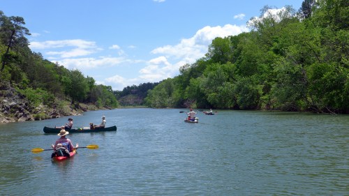 People kayaking and canoeing on a calm river surrounded by lush green trees and a clear blue sky.