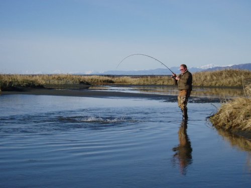 A person stands in shallow water, fishing with a bent rod, surrounded by grassy banks and a clear blue sky.
