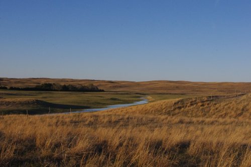 A serene landscape featuring rolling hills, golden grass, and a winding river under a clear blue sky.