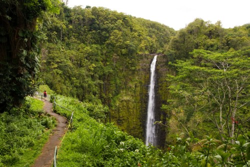 A scenic waterfall cascades down a lush green cliff, with a walking path and trees surrounding the area.