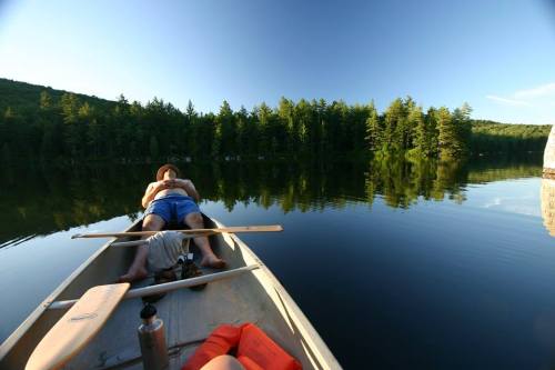A person relaxes in a canoe on a calm lake, surrounded by lush green trees and a clear blue sky.