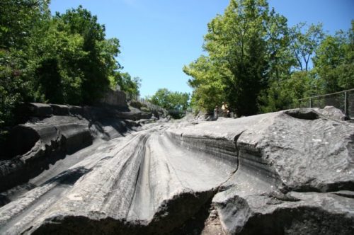 A rocky landscape with smooth, carved stone formations and lush green trees under a clear blue sky.