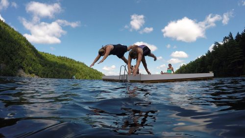 Three people diving off a dock into a lake, surrounded by lush green trees and a blue sky with fluffy clouds.