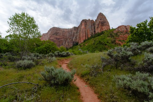 A winding dirt path leads through green shrubs towards towering red rock formations under a cloudy sky.