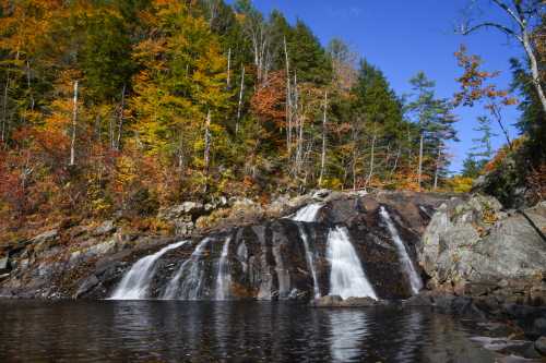 A serene waterfall cascades over rocks, surrounded by vibrant autumn foliage and a clear blue sky.