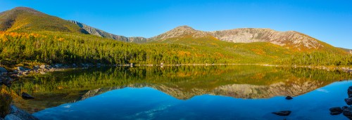 Panoramic view of a serene lake surrounded by mountains and colorful autumn foliage, reflecting in the calm water.