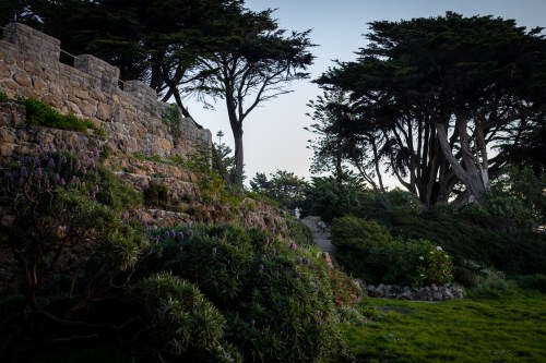 A serene garden scene with stone walls, lush greenery, and tall trees under a soft evening light.