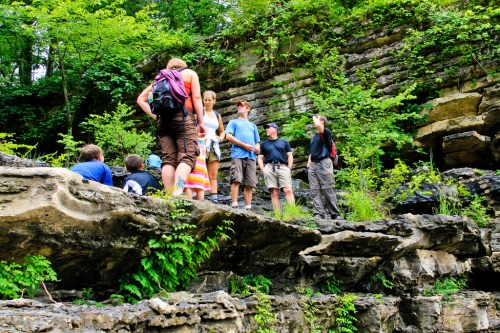 A group of people gathered on rocky terrain surrounded by greenery, discussing their surroundings in a natural setting.