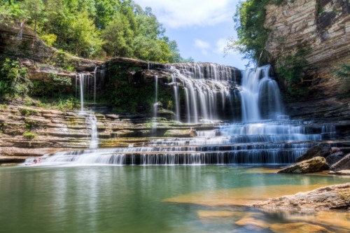 A serene waterfall cascades over rocky tiers into a clear pool, surrounded by lush greenery and a bright blue sky.