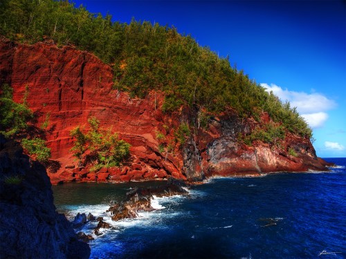 Vibrant red cliffs rise above a deep blue ocean, surrounded by lush green trees under a clear sky.
