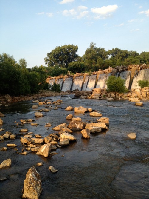 A serene river scene with a rocky shore, a dam in the background, and lush greenery along the banks under a blue sky.
