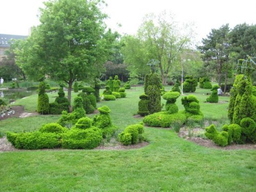Lush garden featuring creatively shaped topiary shrubs and trees on a grassy landscape.