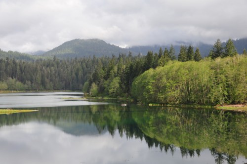 A serene lake surrounded by lush green trees and mountains, reflecting the cloudy sky and landscape.