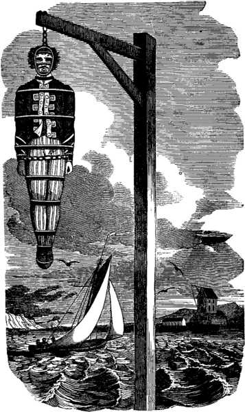 An illustration of a figure hanging from a gallows over a body of water, with a boat and distant land in the background.