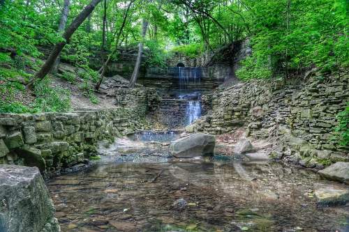 A serene waterfall cascades over stone steps into a clear pool, surrounded by lush green trees and rocky terrain.