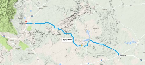 Map showing a route from Las Vegas to Tonopah, with distance and estimated travel time indicated.