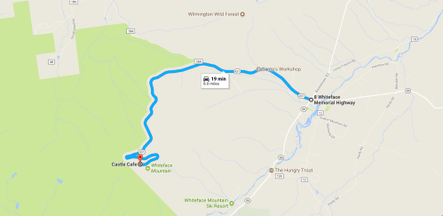 Map showing a route from Castle Cafe to Whittier Memorial Highway, estimated travel time 19 minutes over 8 miles.