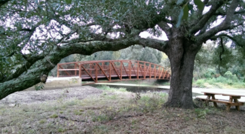 A red bridge spans a small waterway, framed by a large tree and grassy area with a picnic table nearby.