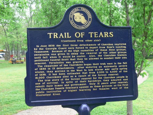 Historical marker detailing the Trail of Tears and the forced removal of the Cherokee people in the 1830s.