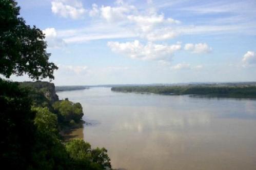 A serene river view with lush green banks and a blue sky dotted with clouds.