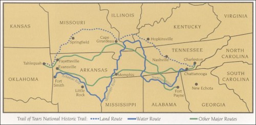 Map of the Trail of Tears National Historic Trail, showing land and water routes through several states.