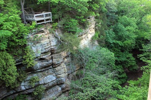 A rocky cliff surrounded by lush green trees, with a wooden observation deck overlooking a deep ravine.