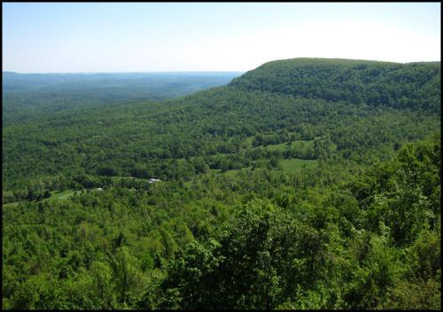 A panoramic view of lush green hills and valleys under a clear blue sky.