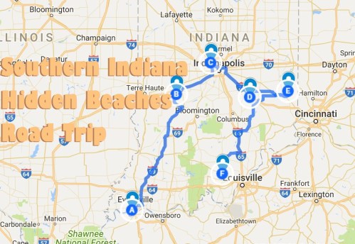 Map of Southern Indiana highlighting a road trip route to hidden beaches, with marked locations labeled A to F.