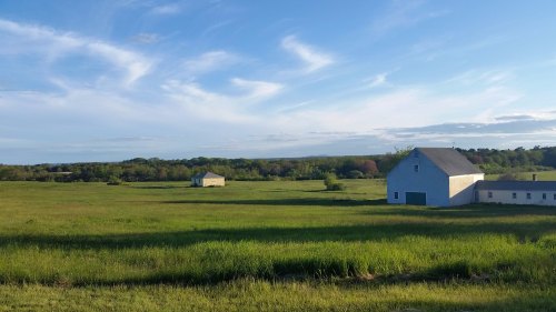 A serene landscape featuring green fields, two barns, and a clear blue sky with wispy clouds.