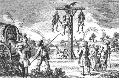 A historical illustration depicting skeletons hanging from a gallows, with onlookers and a wagon in a rural setting.