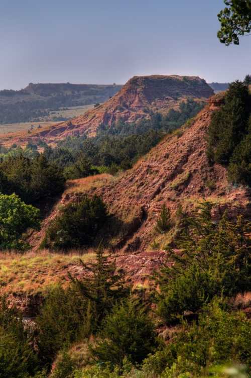 A scenic view of rugged hills and green trees under a clear sky, showcasing natural landscape features.