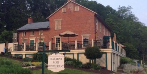A brick building with a patio, labeled "Malabar Farm Restaurant," surrounded by greenery and trees.