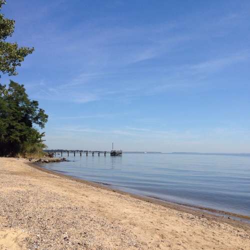 A serene beach scene with a sandy shore, calm water, and a distant pier under a clear blue sky.