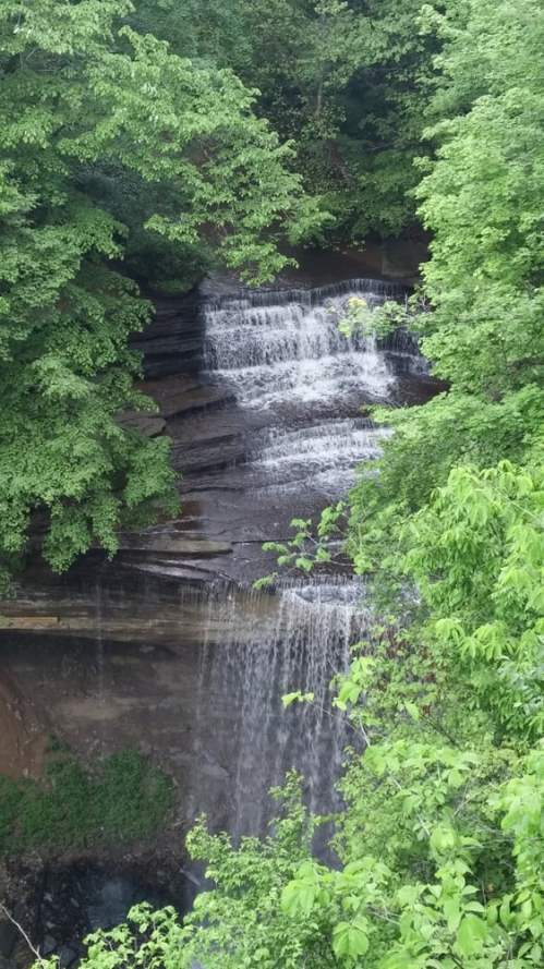 A serene waterfall cascading over rocky ledges, surrounded by lush green foliage.