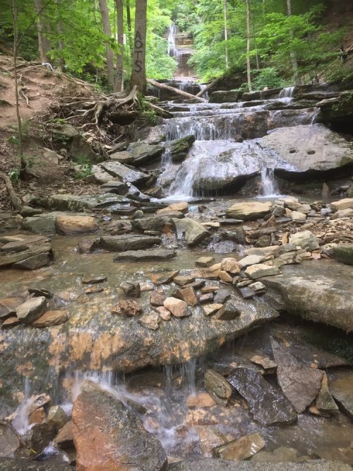 A serene waterfall cascades over rocky terrain, surrounded by lush green trees and a peaceful natural setting.
