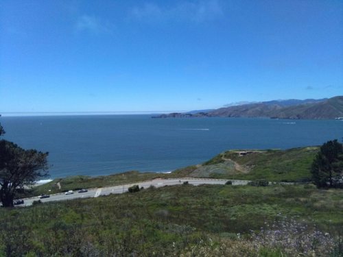 A scenic view of the ocean and distant hills under a clear blue sky, with greenery in the foreground.