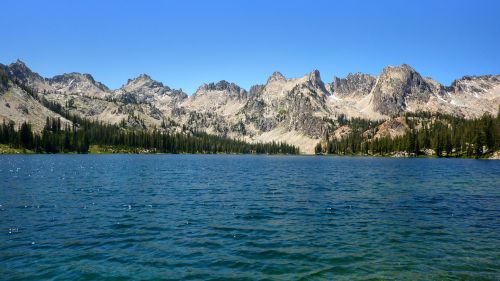 A serene lake surrounded by rugged mountains and lush green trees under a clear blue sky.