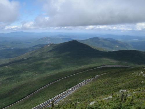 A panoramic view of rolling green mountains under a cloudy sky, with a winding road visible in the foreground.