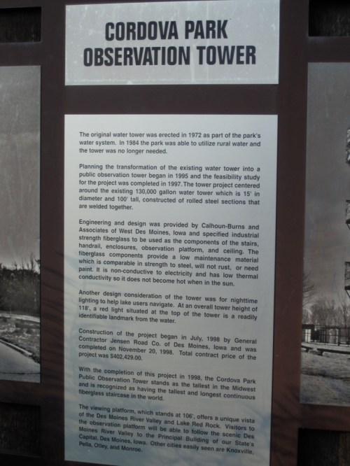 Sign detailing the history and construction of the Cordova Park Observation Tower, including project specifics and engineering details.