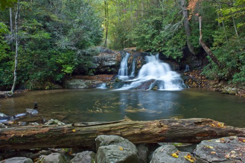 A serene waterfall cascades into a calm pool, surrounded by lush greenery and autumn foliage.