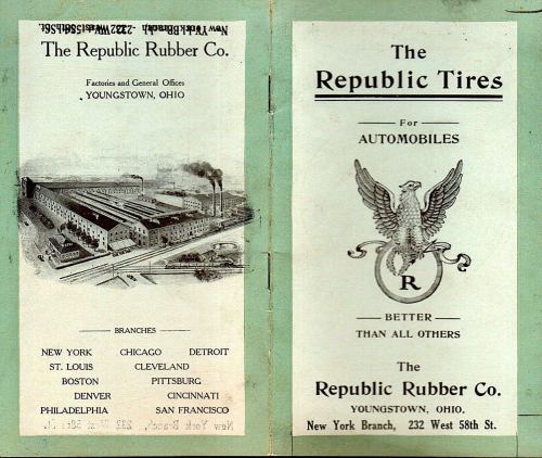 Vintage brochure for The Republic Rubber Co., featuring factories, branches, and tire information.