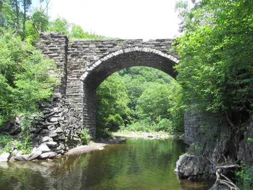 A stone arch bridge over a calm river, surrounded by lush green trees and rocky banks under a clear blue sky.