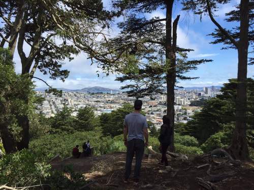A person stands among trees overlooking a cityscape with hills in the background on a clear day.
