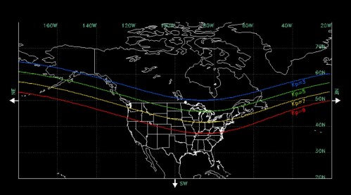 Map of North America showing various isobaric lines and wind patterns, with labeled contours in different colors.