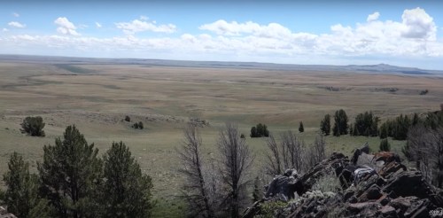 A panoramic view of a vast, open landscape with rolling hills and scattered trees under a cloudy sky.