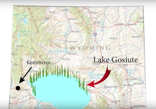 Map of Wyoming highlighting Lake Gosiute and Kemmerer with arrows indicating their locations.