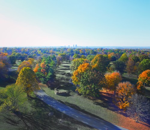 Aerial view of a park with vibrant autumn trees and a winding path, with a city skyline in the distance.